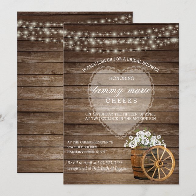 Invitación Boda de barril de madera rústica con flores blanca (Anverso / Reverso)