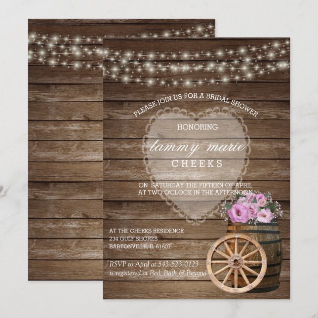 Invitación Boda de barril de madera rústica y flores rosadas (Anverso / Reverso)