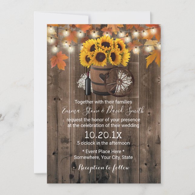Invitación Boda de barril rústico de madera de girasol de oto (Anverso)