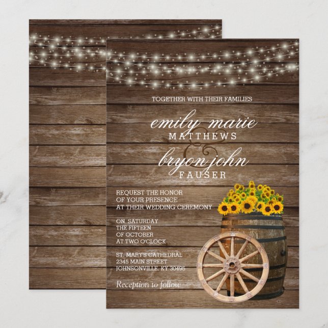 Invitación Boda de barril y girasol de madera rústica (Anverso / Reverso)