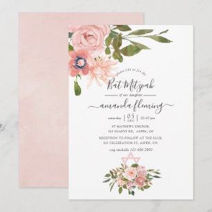 Invitación Boda de Bat Mitzvah con flores en acuarela y rosa 
