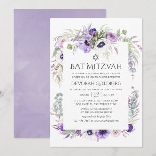 Invitación Boda de Bat Mitzvah Floral Acuarela Violeta Polvor