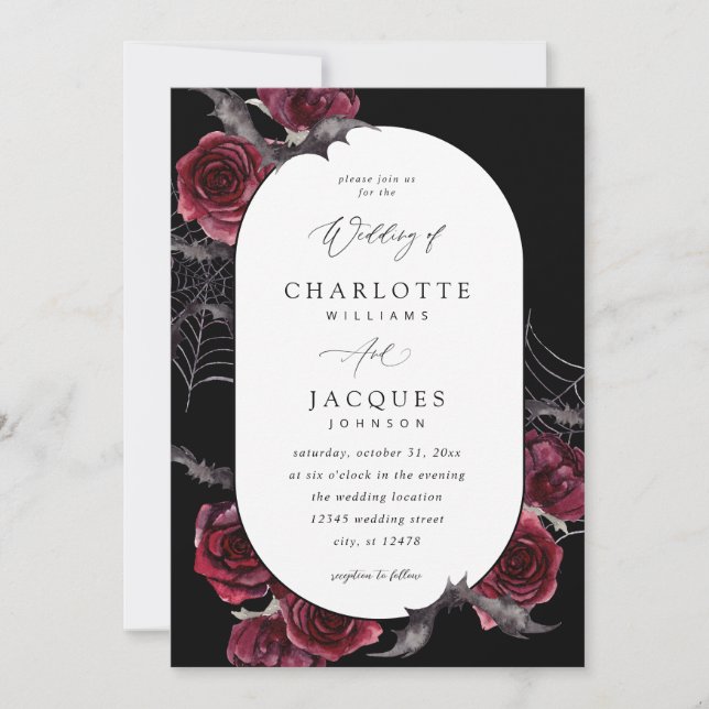 Invitación Boda de Bats Red Rose Halloween - Negro (Anverso)