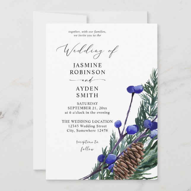 Invitación Boda de Bayas Azules de Invierno y Verdor de Pino (Anverso)