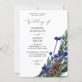 Invitación Boda de Bayas Azules de Invierno y Verdor de Pino