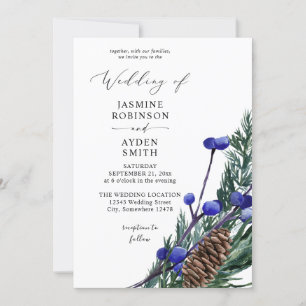 Invitación Boda de Bayas Azules de Invierno y Verdor de Pino