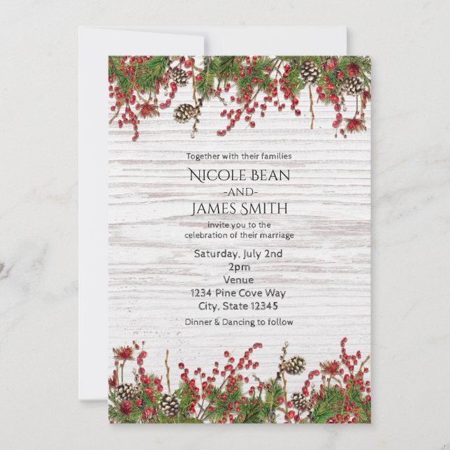 Invitación Boda de bayas y piñas de invierno campestre (Anverso)