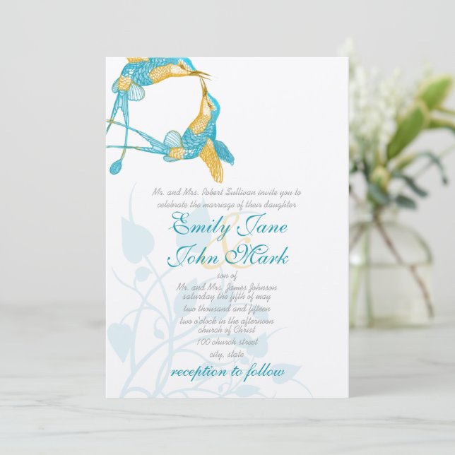Invitación Boda de besos de colibrí amarillo de cítricos turq (Anverso de pie)