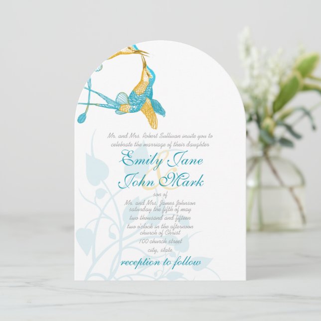 Invitación Boda de besos de colibrí amarillo de cítricos turq (Anverso de pie)