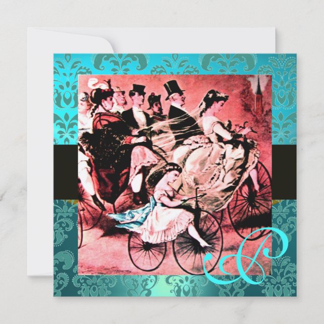 Invitación Boda DE BICICLETA AZUL ROJO NEGRO DAMASK MONOGRAM (Anverso)
