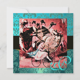 Invitación Boda DE BICICLETA AZUL ROJO NEGRO DAMASK MONOGRAM