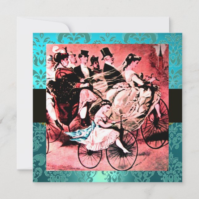 Invitación Boda DE BICICLETA AZUL ROJO NEGRO DAMASK MONOGRAM (Anverso)