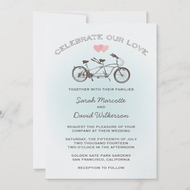Invitación Boda de bicicleta de tándem azul (Anverso)