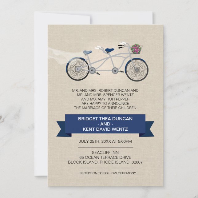 Invitación Boda de bicicleta de tela falsa azul oscuro tándem (Anverso)