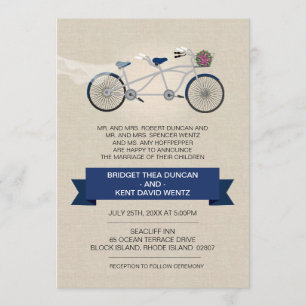 Invitación Boda de bicicleta de tela falsa azul oscuro tándem