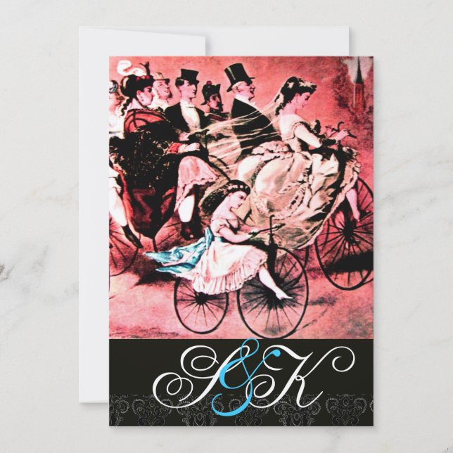 Invitación Boda DE BICICLETA ROJA AZUL NEGRO DAMASK MONOGRAM (Anverso)