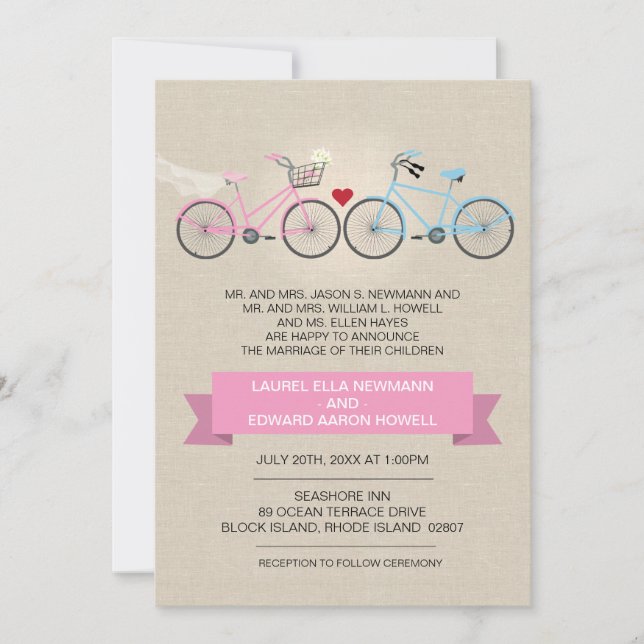 Invitación Boda de bicicleta rosa con estilo lineal (Anverso)