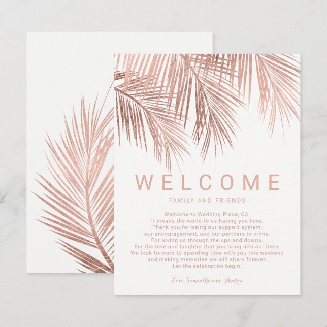 Invitación Boda de bienvenida con palmeras tropicales de rosa (Anverso / Reverso)