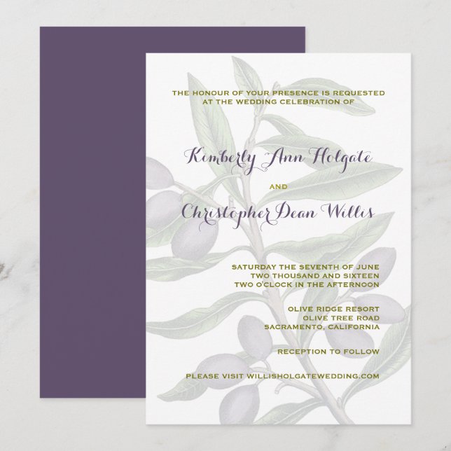 Invitación Boda de bifurcación de árbol de oliva | Púrpura Ve (Anverso / Reverso)