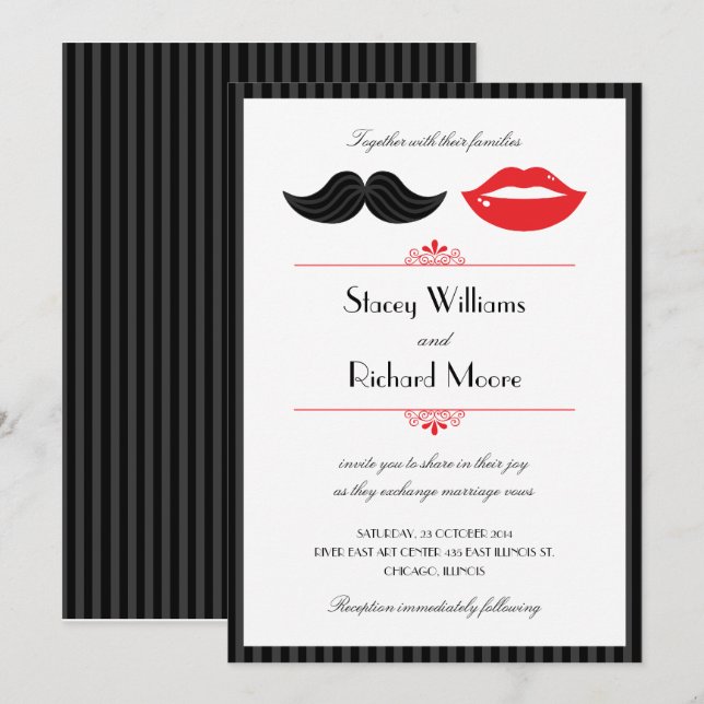 Invitación Boda de bigote y labios rojos, negros y blancos (Anverso / Reverso)