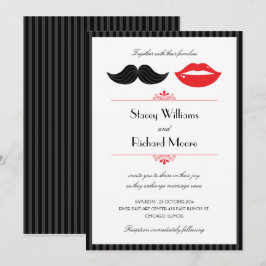 Invitación Boda de bigote y labios rojos, negros y blancos