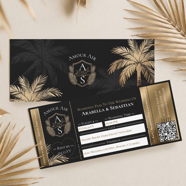 Invitación Boda de billete de avión de embarque tropical de o (Black Gold Tropical Boarding Plane Ticket Wedding Invitation)