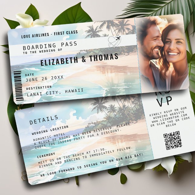 Invitación Boda de billetes para avión de destino de playa tr (destination wedding tropical beach boarding pass photo wedding invitation palm tree ocean pastel)
