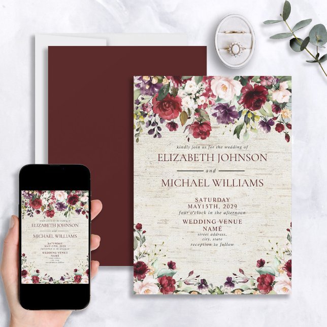 Invitación Boda de Birch Floral Rústica de Burgundy (Subido por el creador)