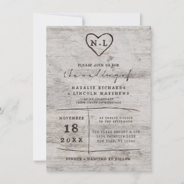 Invitación Boda de Birch Wood Rústico de novias talladas (Anverso)