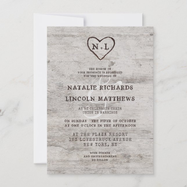 Invitación Boda de Birch Wood Rústico de novias talladas (Anverso)