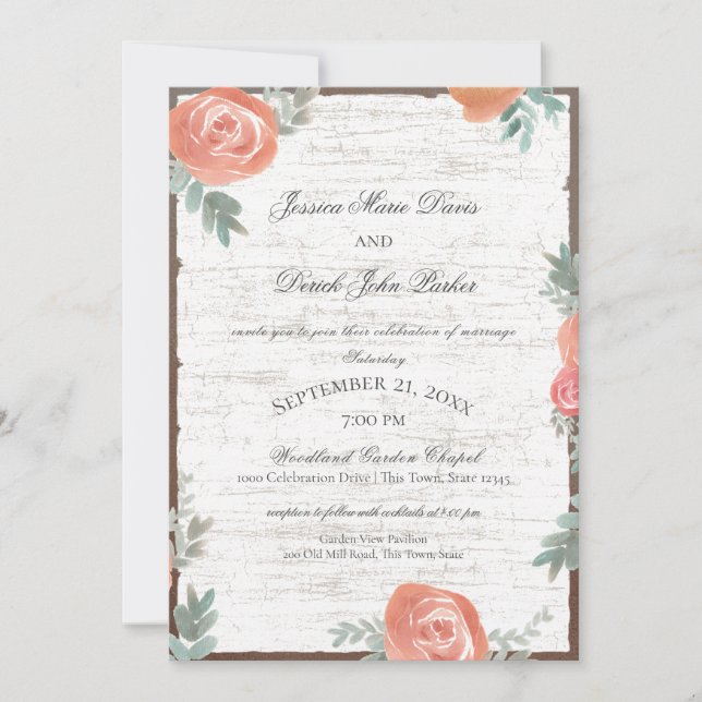 Invitación Boda de Birch Wood y Rosas (Anverso)