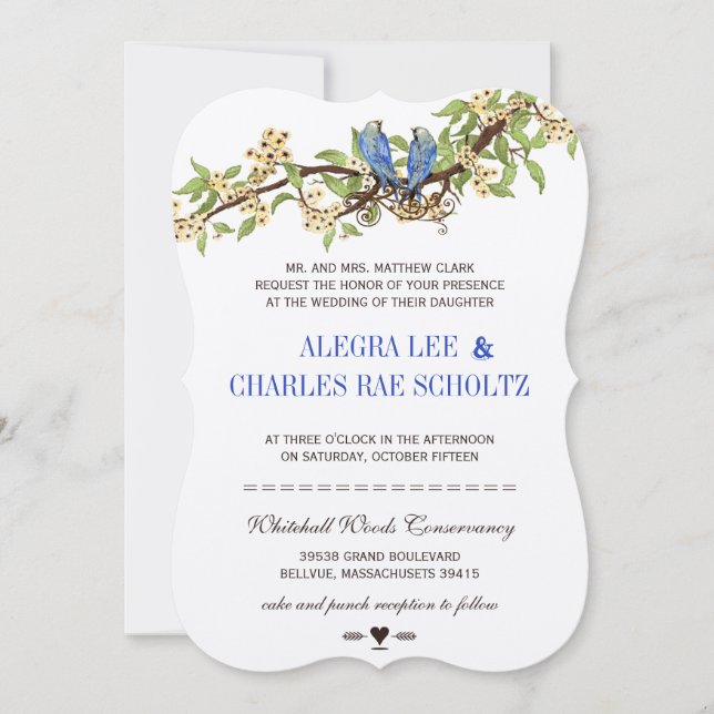 Invitación Boda de Bird Royal Blue Cherry Blossom (Anverso)
