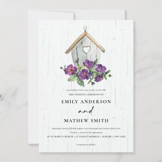INVITACIÓN BODA DE BIRDHOUSE RÚSTICO DE MADERA BLANCA (Anverso)