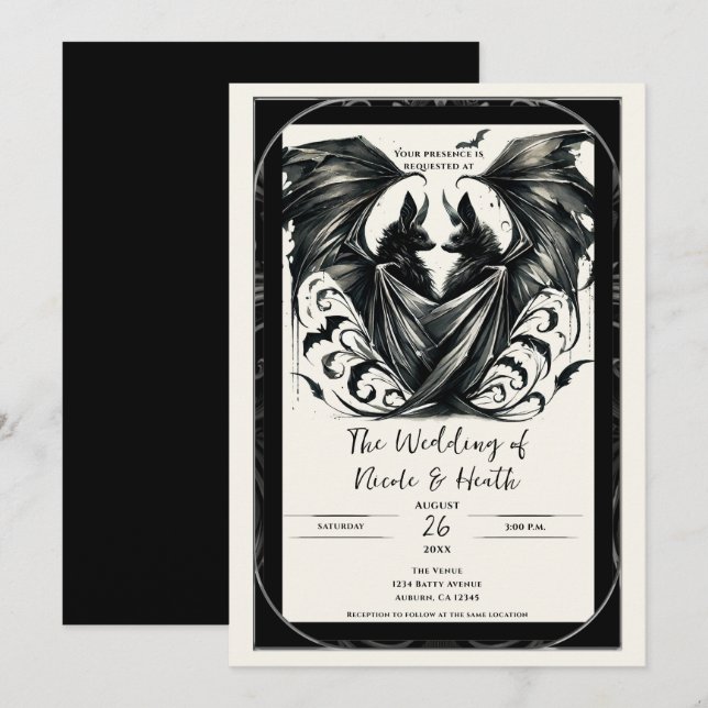 Invitación Boda de Black Cream Silver Gótica Love Bats (Anverso / Reverso)