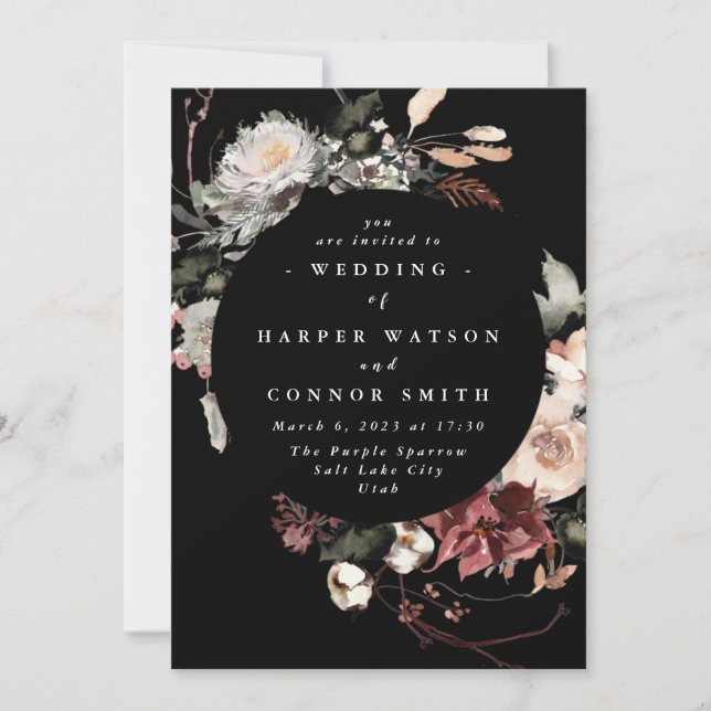 Invitación Boda de Black Dried Burgundy Rustic Flortic (Anverso)