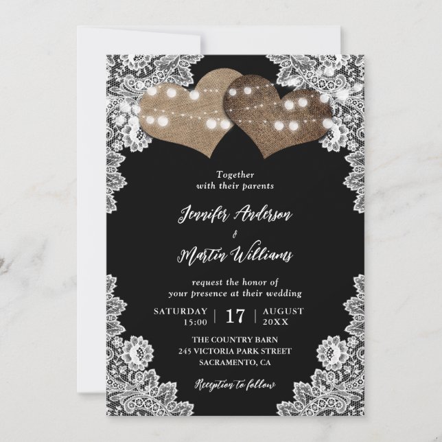 Invitación Boda de Black Rustic Country Lace String Lights (Anverso)