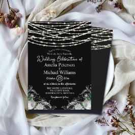 Invitación Boda de Black Rustic White Roses String Lights