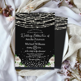 Invitación Boda de Black Rustic White Roses String Lights