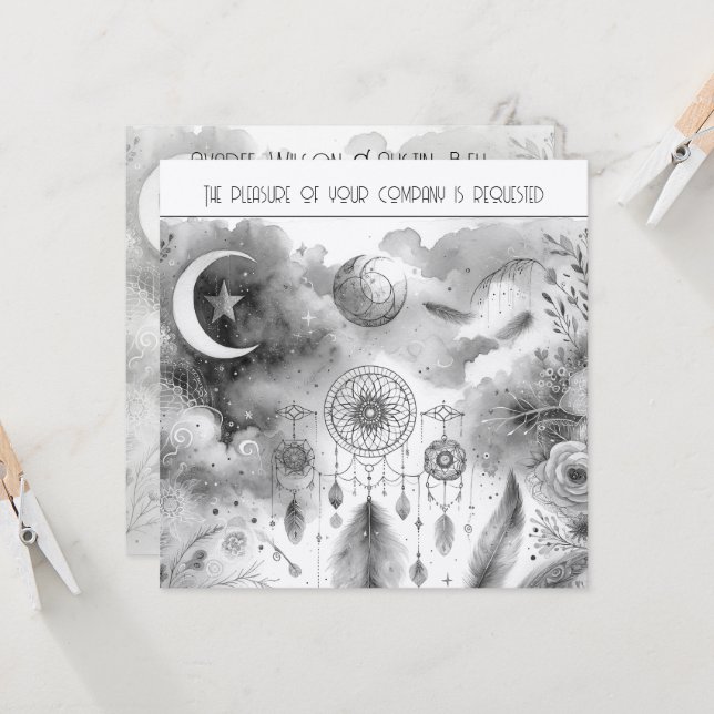 Invitación Boda de Black White Celestial Moon Dream Catcher (Anverso/Reverso In Situ)