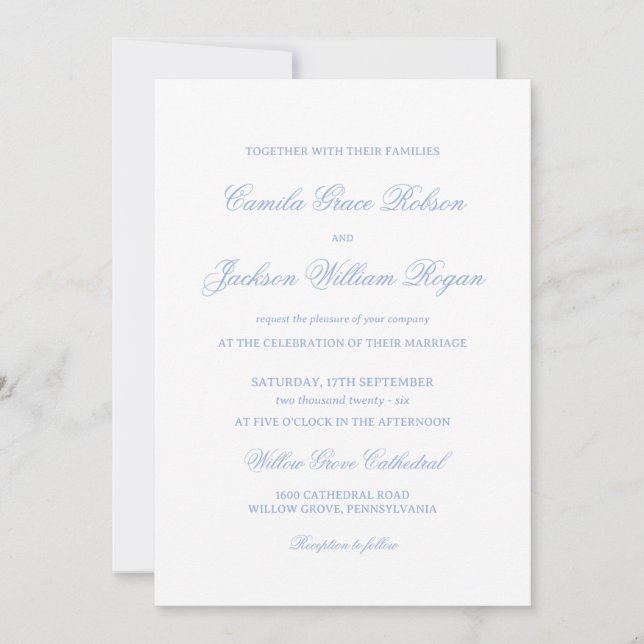 Invitación Boda de Blanco y Azul Polvo (Anverso)