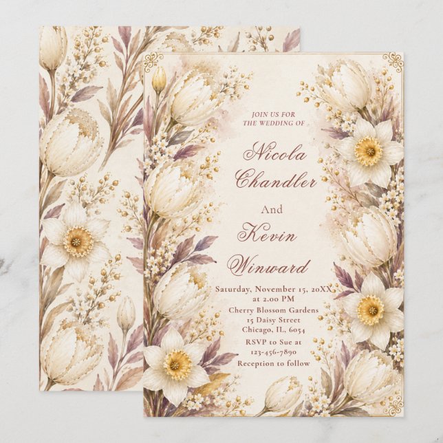 Invitación Boda de blanco y champán (Anverso / Reverso)