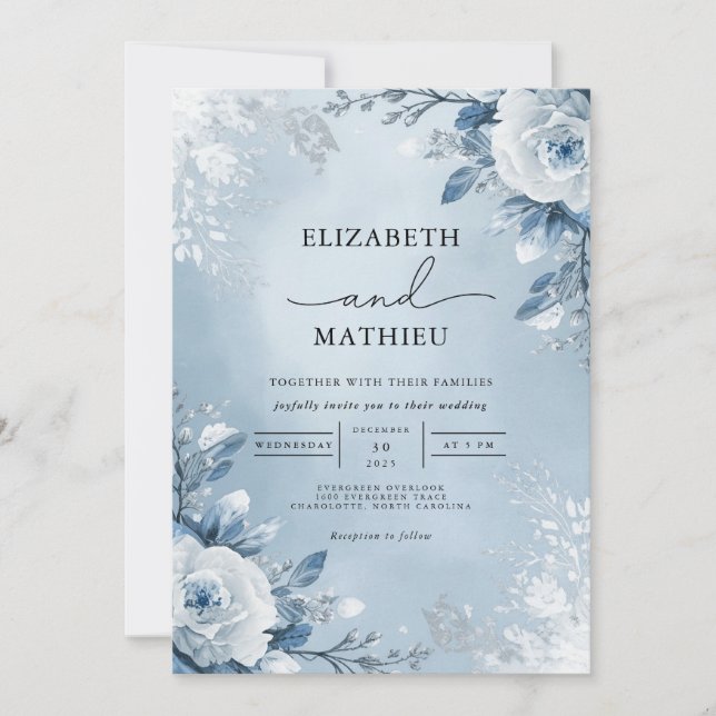 Invitación Boda de Bloom Botánico Icy Blue (Anverso)
