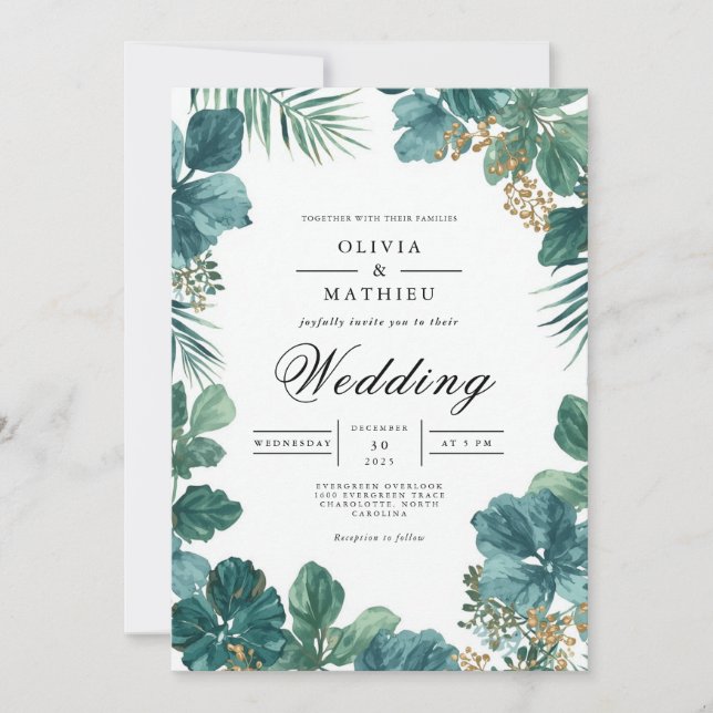 Invitación Boda de Bloom Botánico Profundo Verde azulado (Anverso)