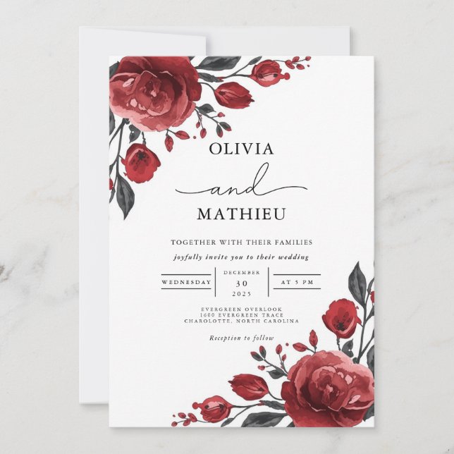 Invitación Boda de Bloom Rosa Roja Profunda (Anverso)