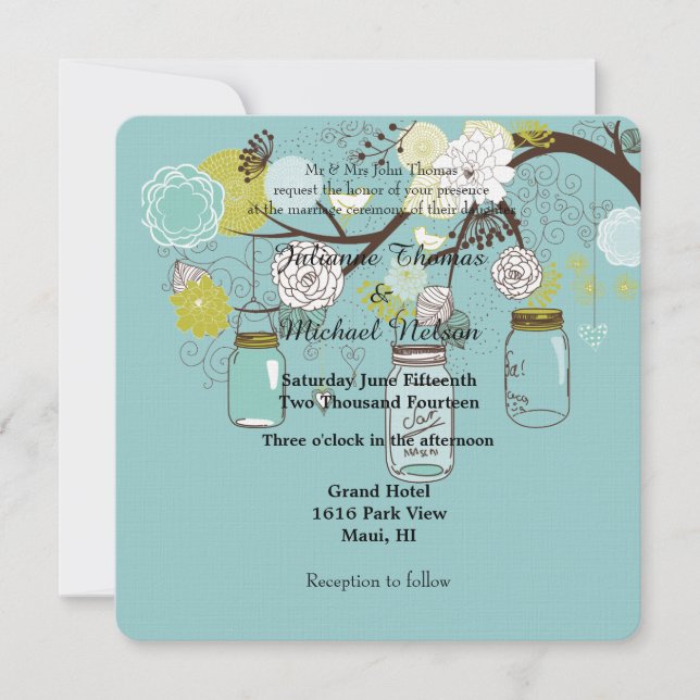Invitación Boda de Blue Floral Mason Jars (Anverso)