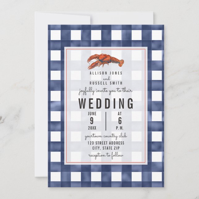 Invitación Boda de Blue Gingham Lobster (Anverso)