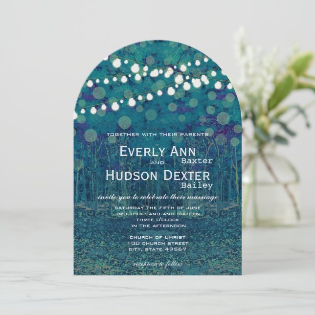 Invitación Boda de Blue Green Forest Garland of Lights (Anverso de pie)