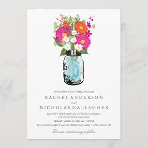 Invitación Boda de Blue Mason Jar y Gerber Daisies