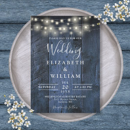 Invitación Boda de Blue Rustic Barn Wood String Lights