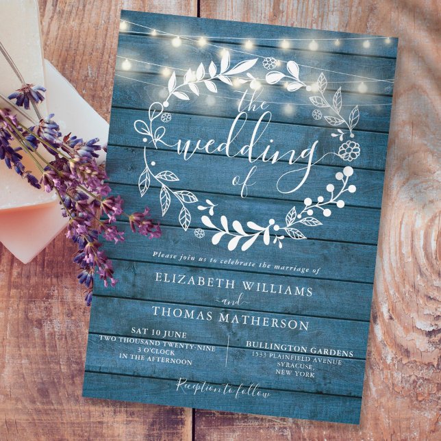 Invitación Boda de Blue Rustic Wood Floral String Lights (Subido por el creador)